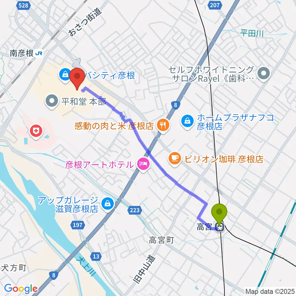 高宮駅から彦根ビバシティシネマへのルートマップ地図