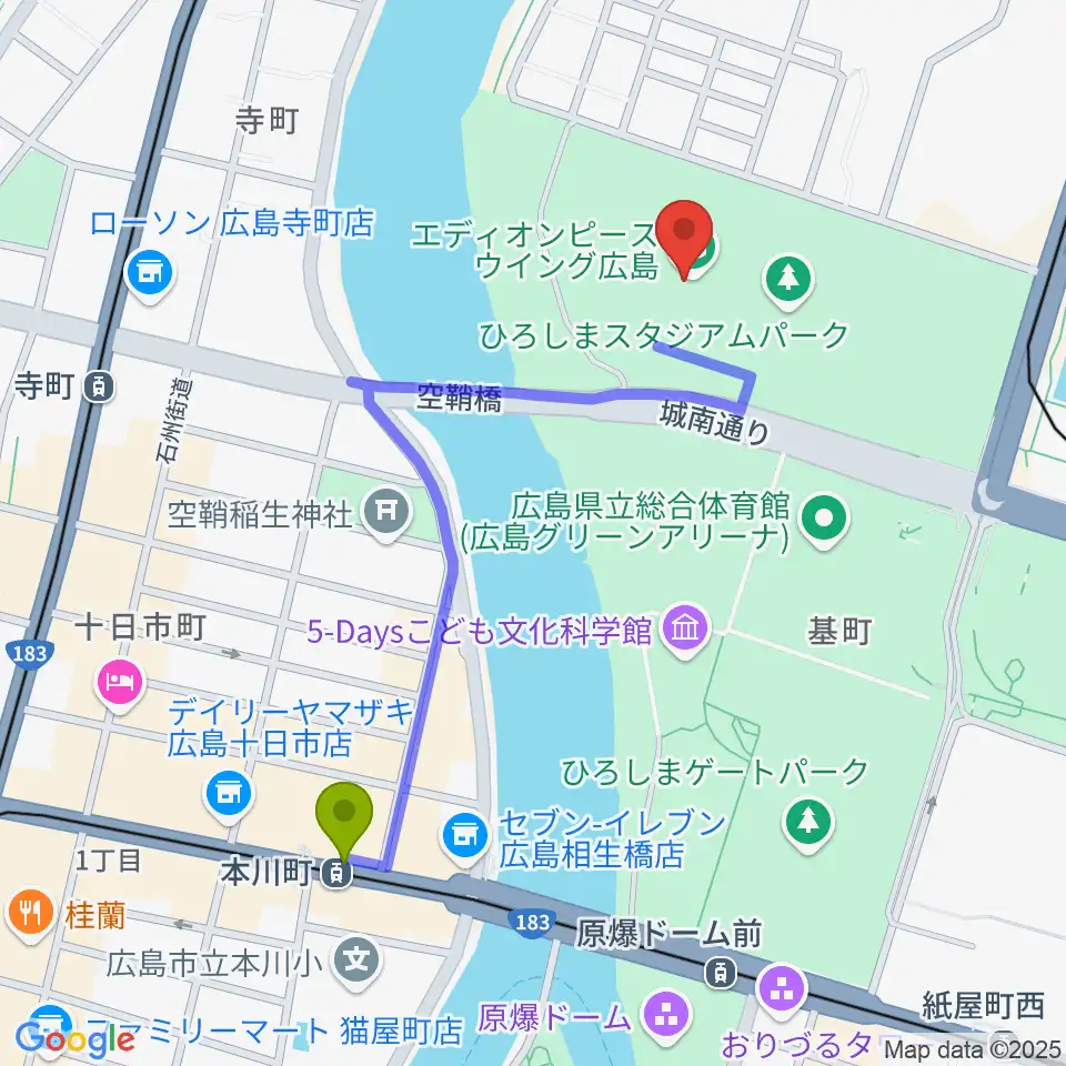 本川町駅からエディオンピースウイング広島へのルートマップ地図