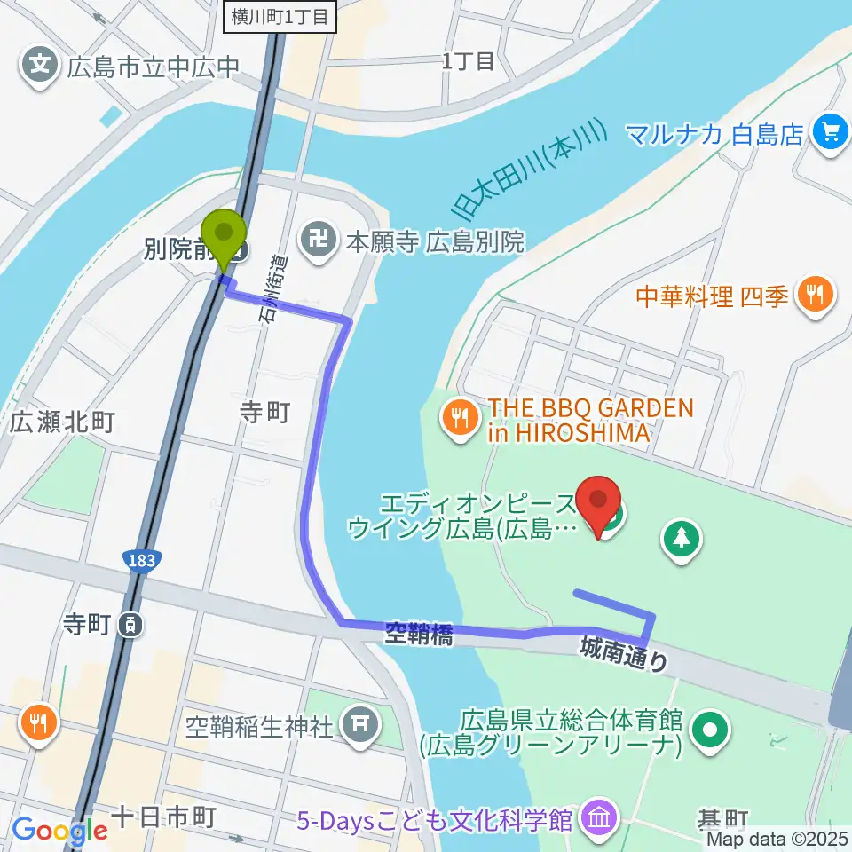 エディオンピースウイング広島の最寄駅別院前駅からの徒歩ルート（約9分）地図