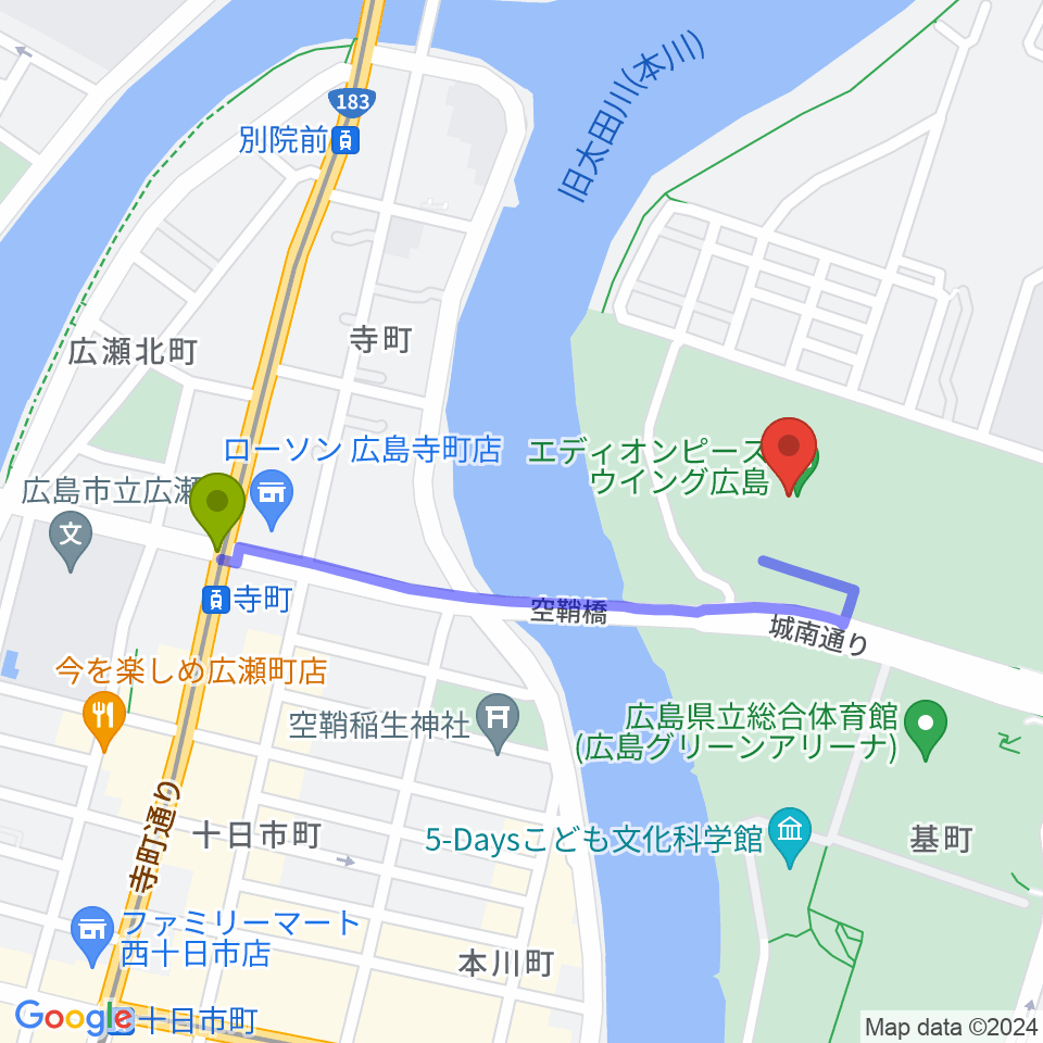 寺町駅からエディオンピースウイング広島へのルートマップ地図