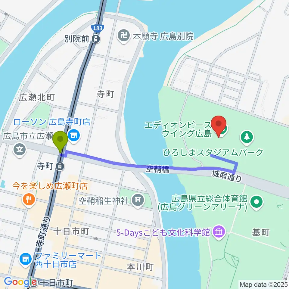 寺町駅からエディオンピースウイング広島へのルートマップ地図