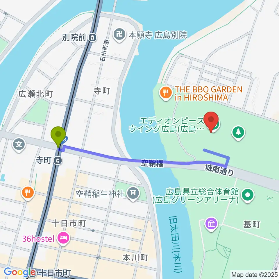 寺町駅からエディオンピースウイング広島へのルートマップ地図