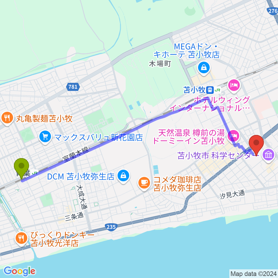 青葉駅から苫小牧市民文化ホールへのルートマップ地図