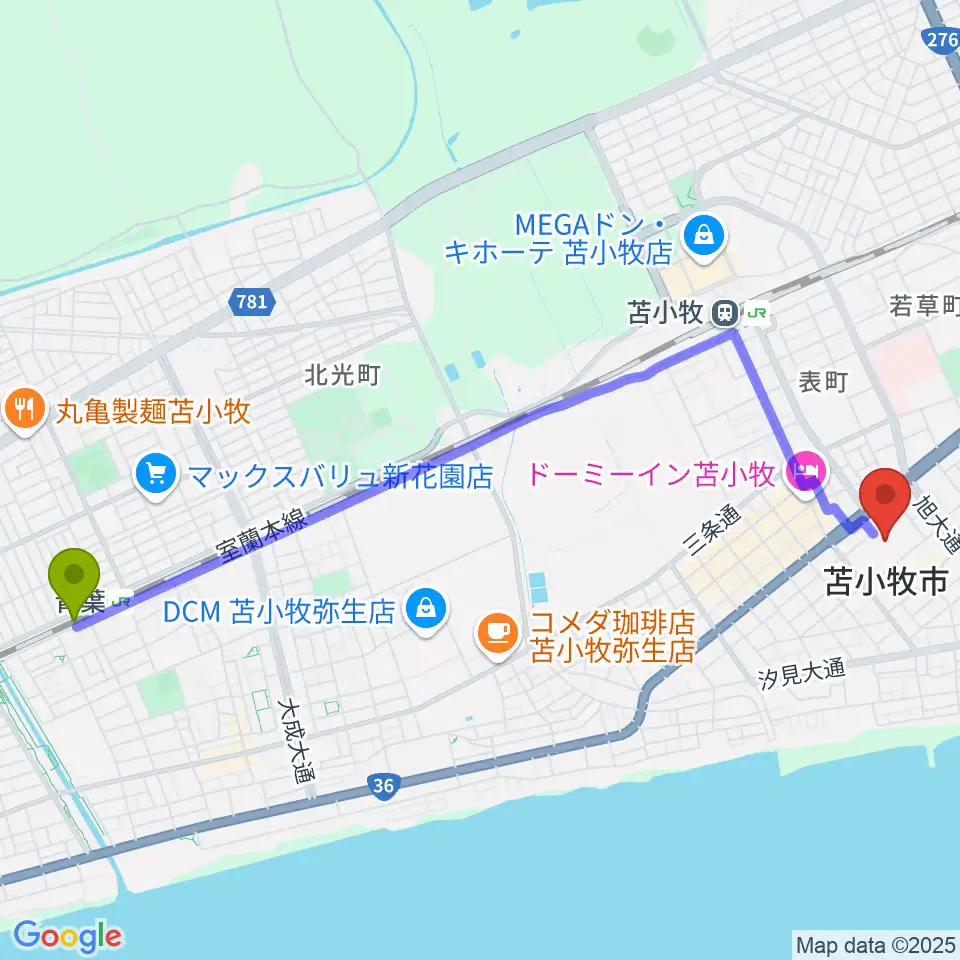 青葉駅から苫小牧市民文化ホールへのルートマップ地図