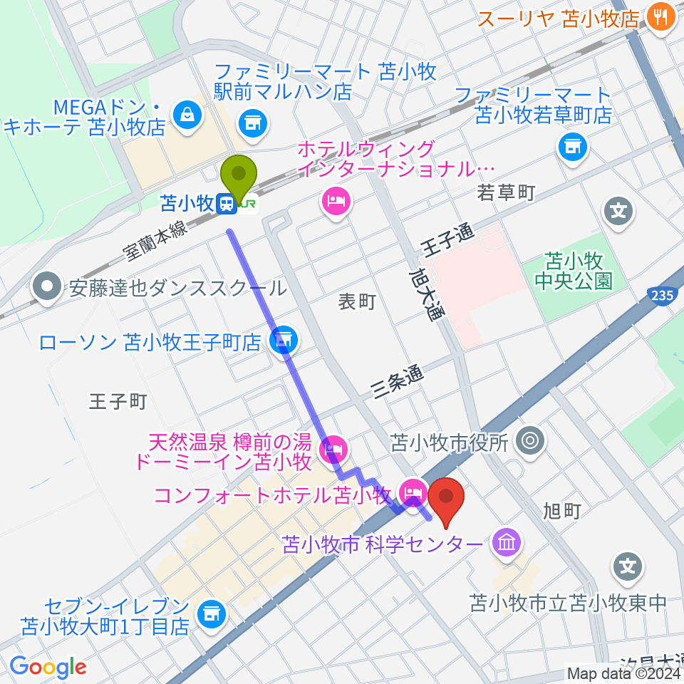 苫小牧市民文化ホールの最寄駅苫小牧駅からの徒歩ルート（約16分）地図