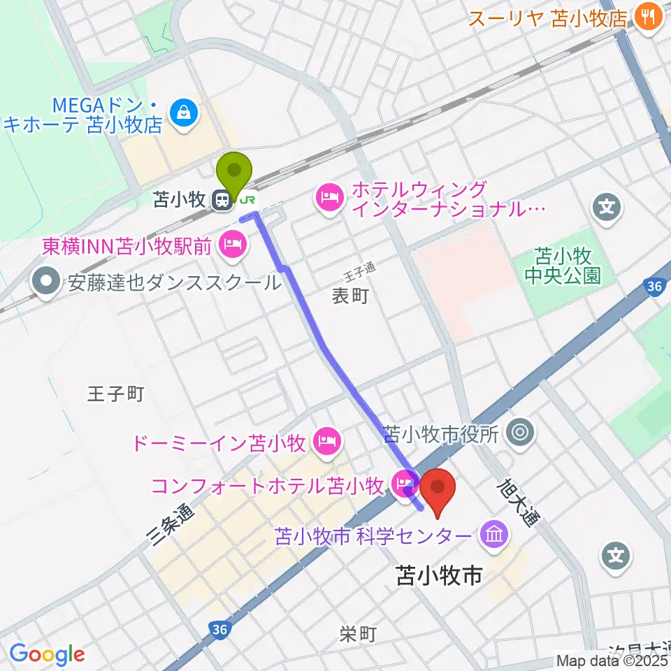 苫小牧市民文化ホールの最寄駅苫小牧駅からの徒歩ルート（約16分）地図