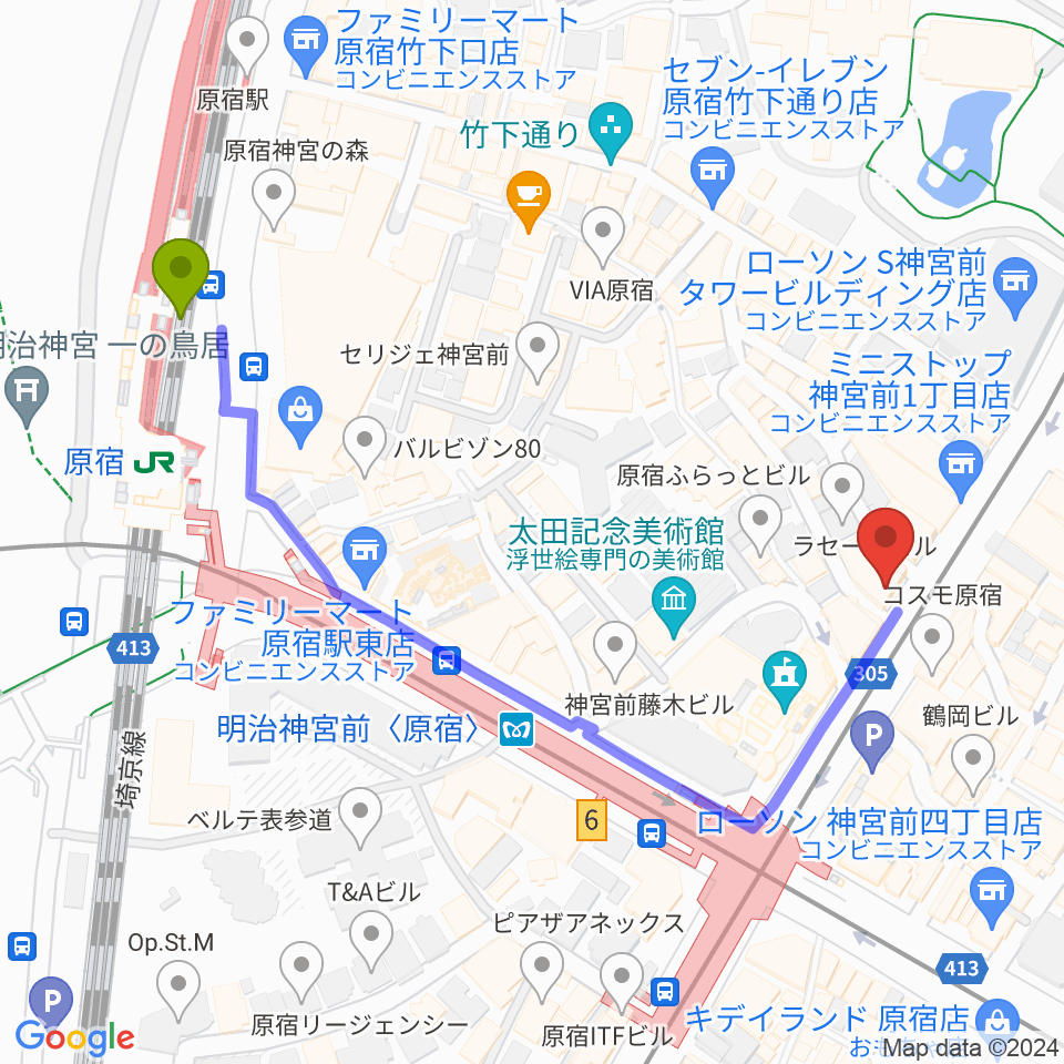 FENDER FLAGSHIP TOKYOの最寄駅原宿駅からの徒歩ルート（約6分）地図