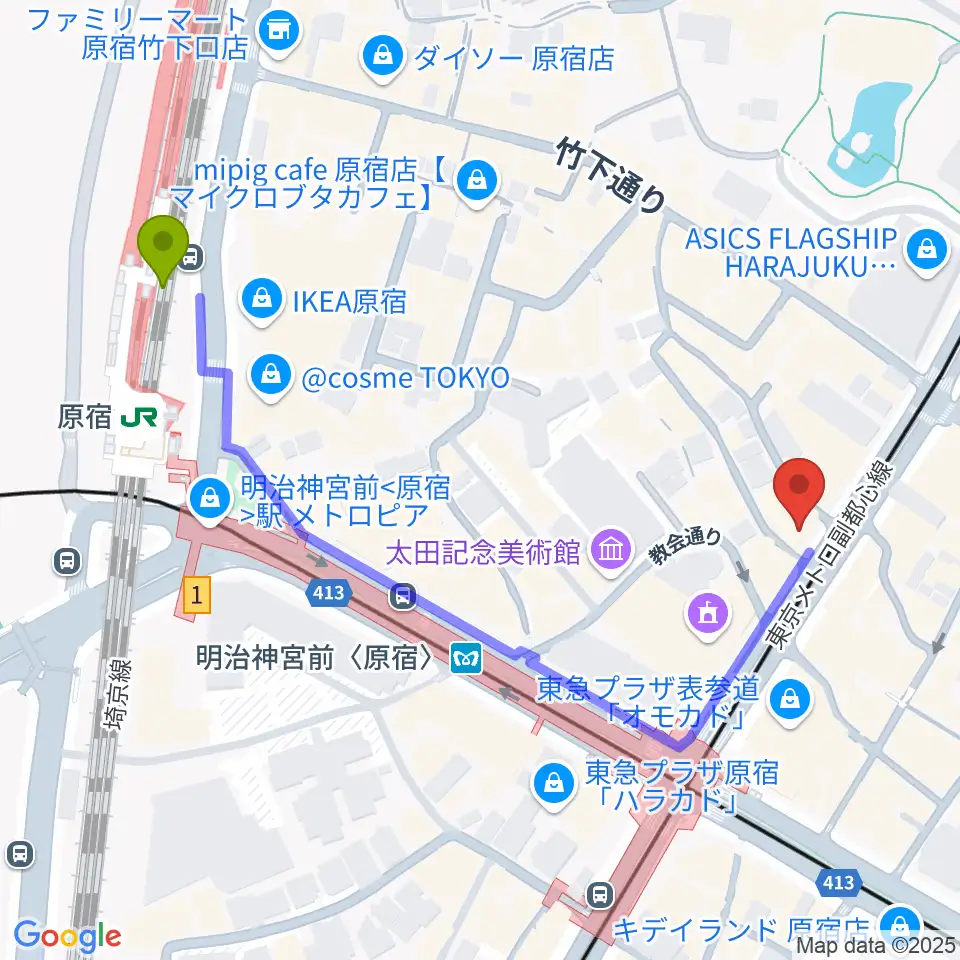 FENDER FLAGSHIP TOKYOの最寄駅原宿駅からの徒歩ルート（約6分）地図
