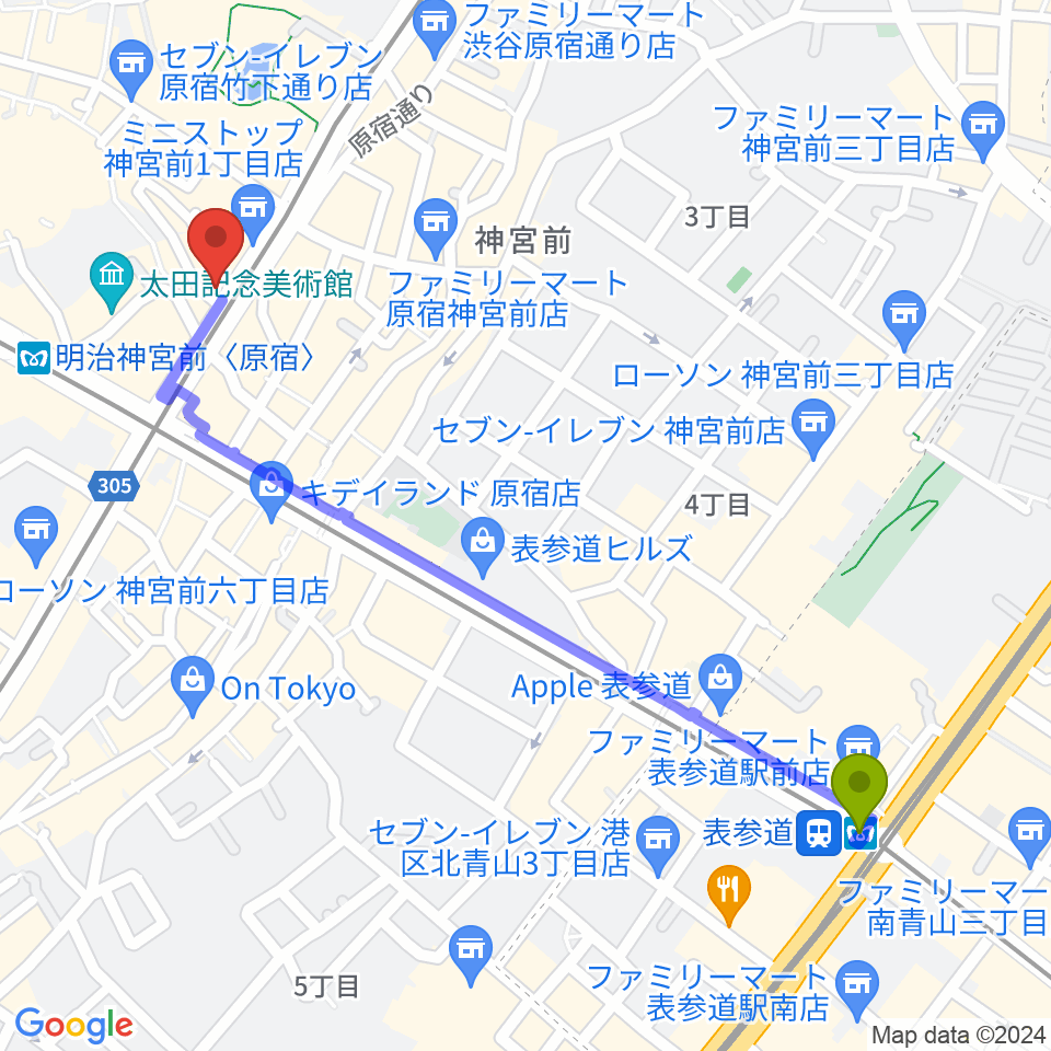 表参道駅からFENDER FLAGSHIP TOKYOへのルートマップ地図