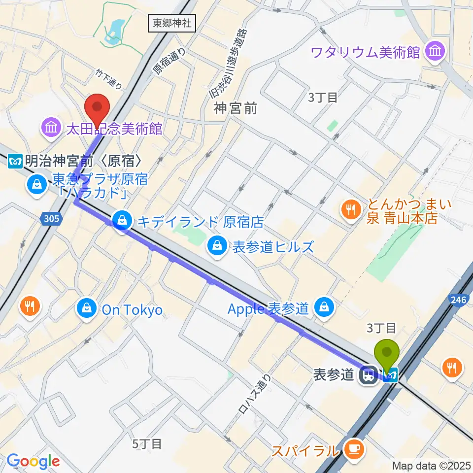 表参道駅からFENDER FLAGSHIP TOKYOへのルートマップ地図