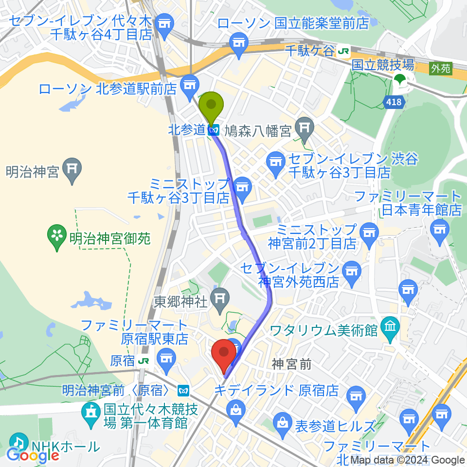 北参道駅からFENDER FLAGSHIP TOKYOへのルートマップ地図