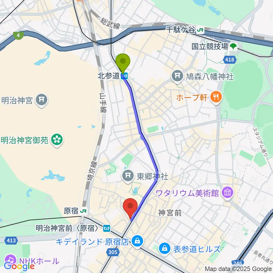 北参道駅からFENDER FLAGSHIP TOKYOへのルートマップ地図
