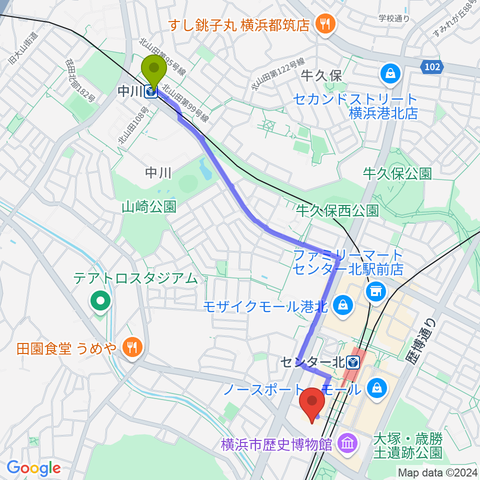 中川駅から都筑区民文化センター ボッシュホールへのルートマップ地図