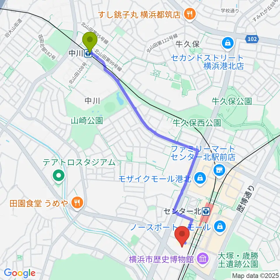 中川駅からボッシュホールへのルートマップ地図