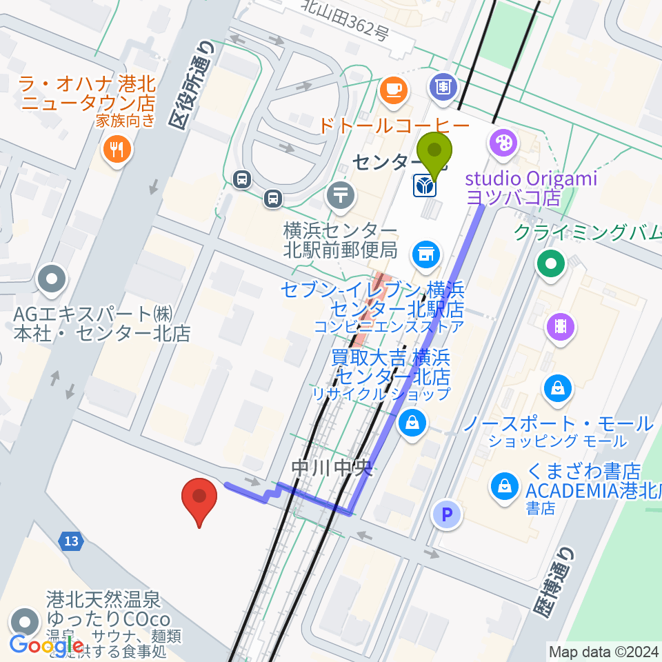 都筑区民文化センター ボッシュホールの最寄駅センター北駅からの徒歩ルート（約5分）地図