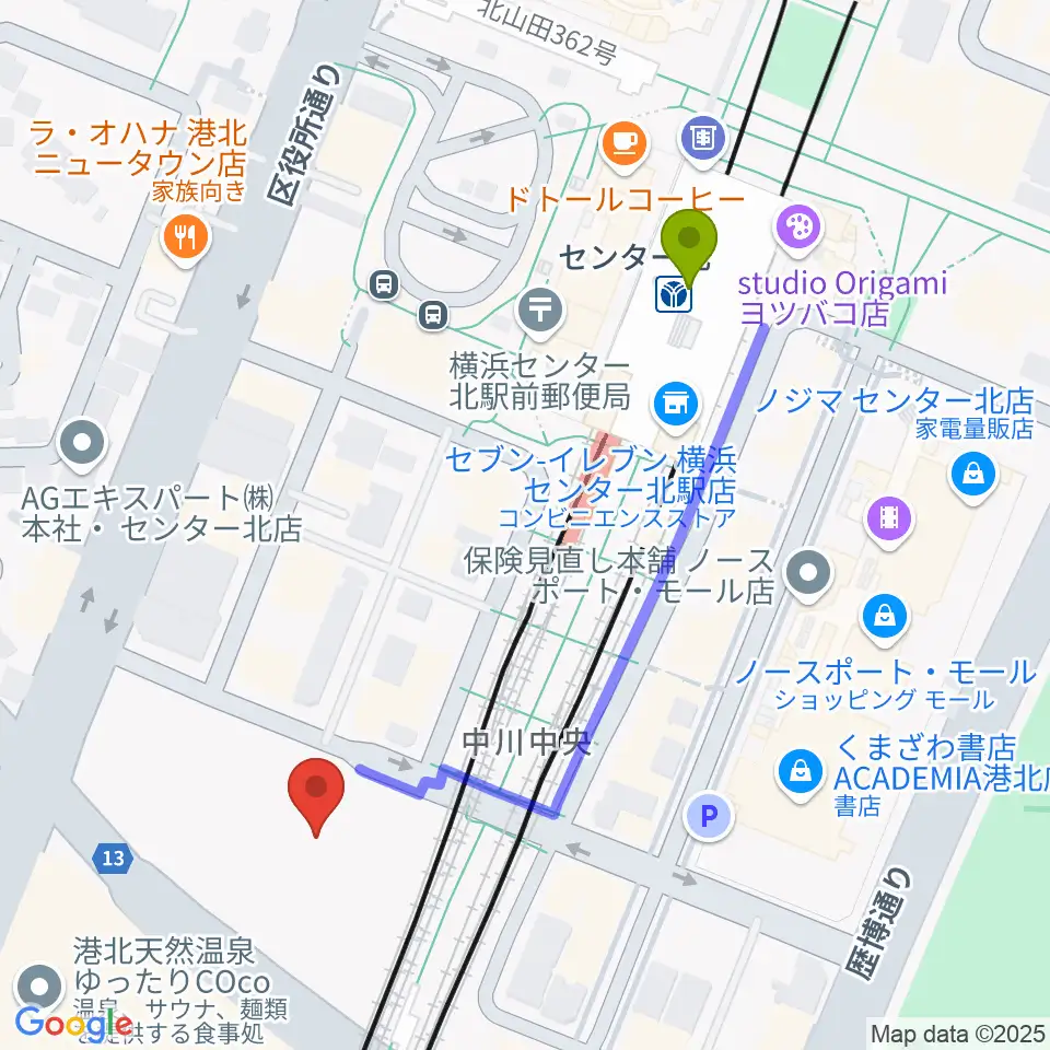 ボッシュホールの最寄駅センター北駅からの徒歩ルート（約5分）地図