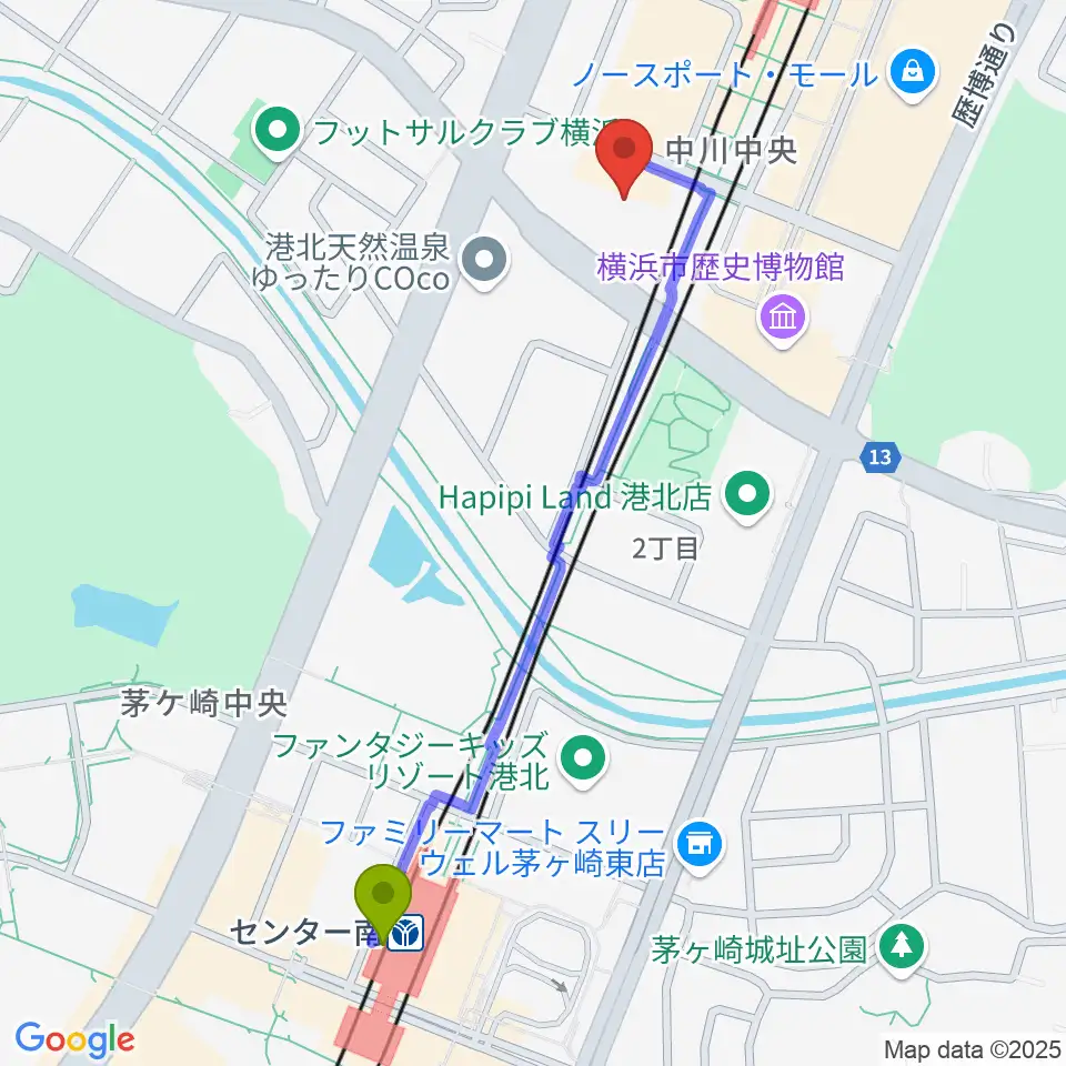 センター南駅からボッシュホールへのルートマップ地図