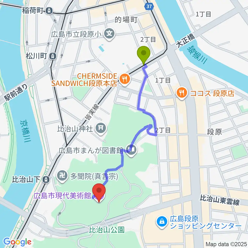 段原一丁目駅から広島市現代美術館へのルートマップ地図