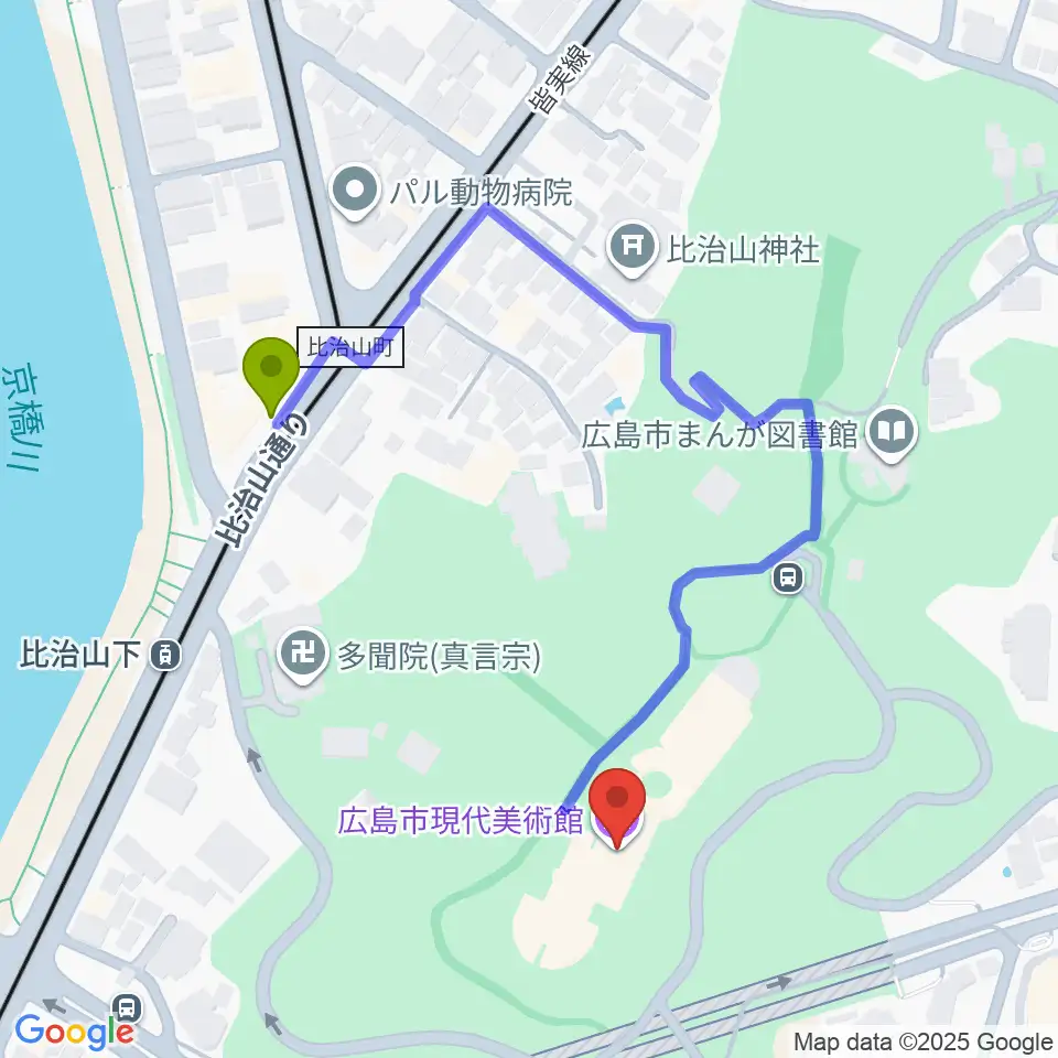 広島市現代美術館の最寄駅比治山下駅からの徒歩ルート（約4分）地図