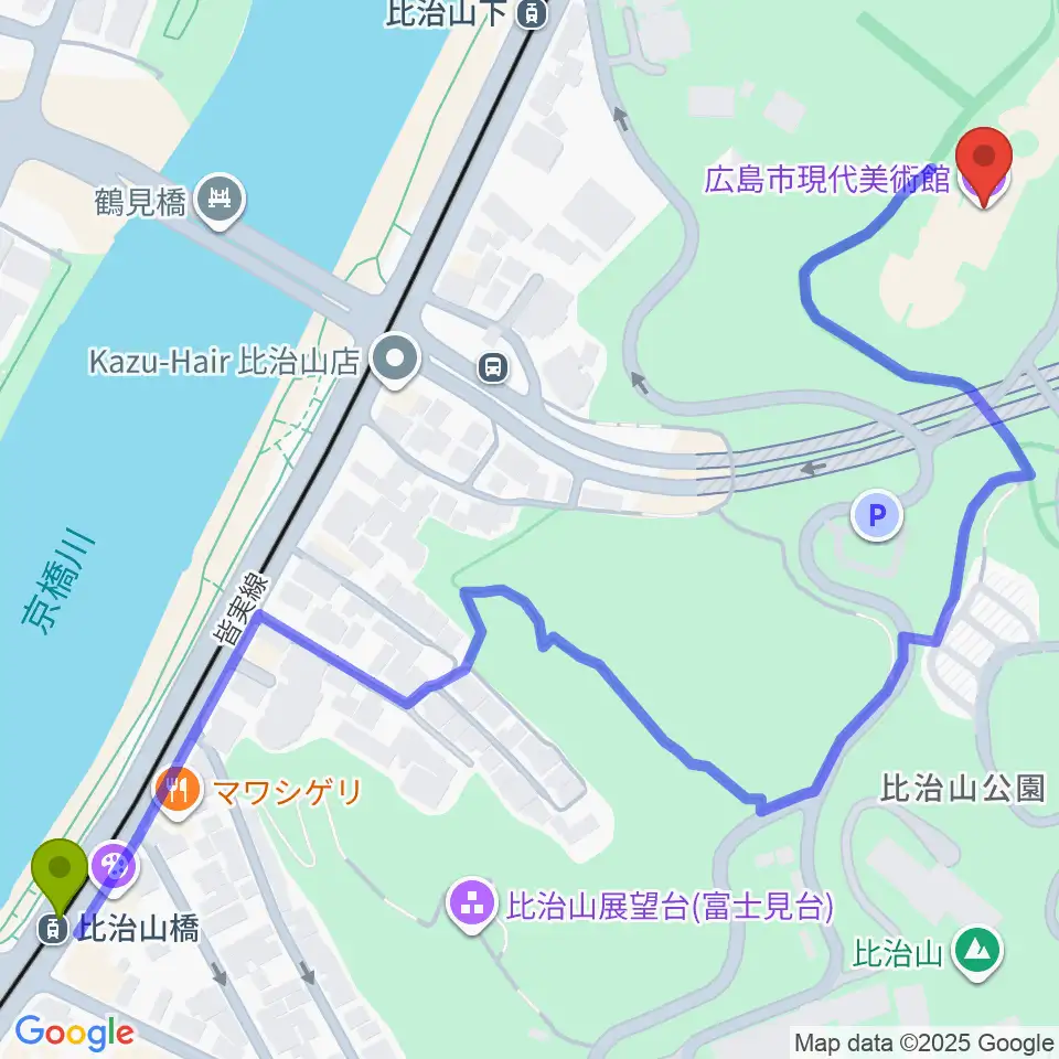 比治山橋駅から広島市現代美術館へのルートマップ地図