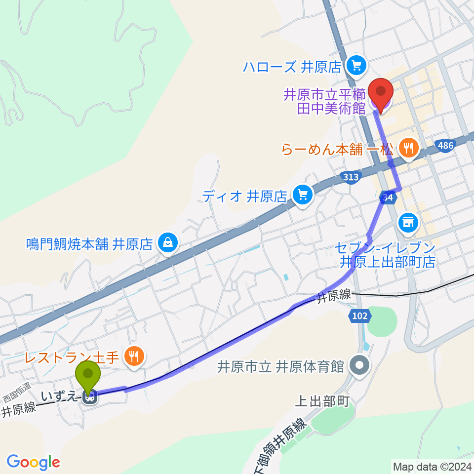 いずえ駅から井原市立平櫛田中美術館へのルートマップ地図