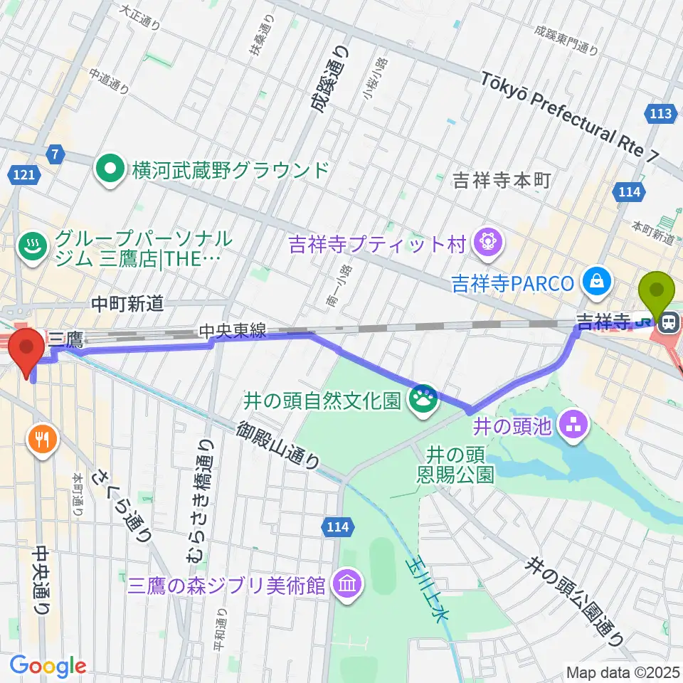 吉祥寺駅から三鷹市美術ギャラリーへのルートマップ地図