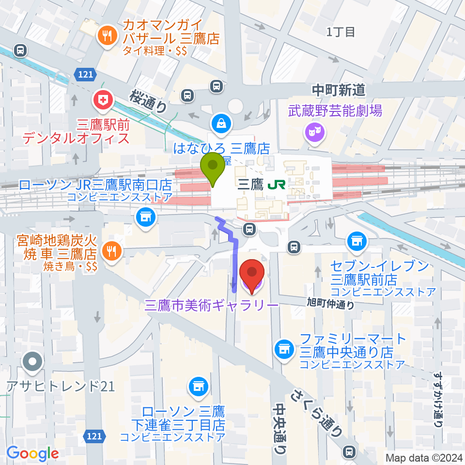 三鷹市美術ギャラリーの最寄駅三鷹駅からの徒歩ルート（約2分）地図