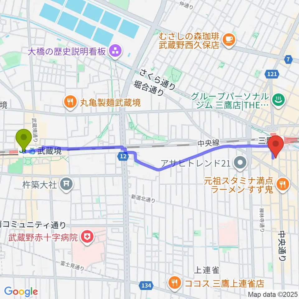 武蔵境駅から三鷹市美術ギャラリーへのルートマップ地図