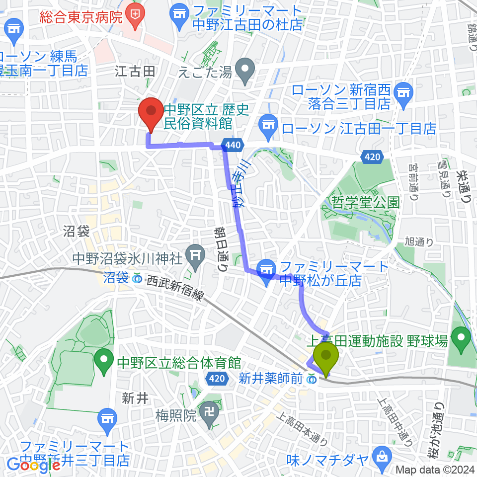 新井薬師前駅から中野区立歴史民俗資料館へのルートマップ地図