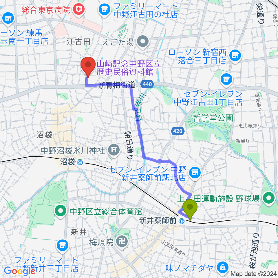 新井薬師前駅から中野区立歴史民俗資料館へのルートマップ地図