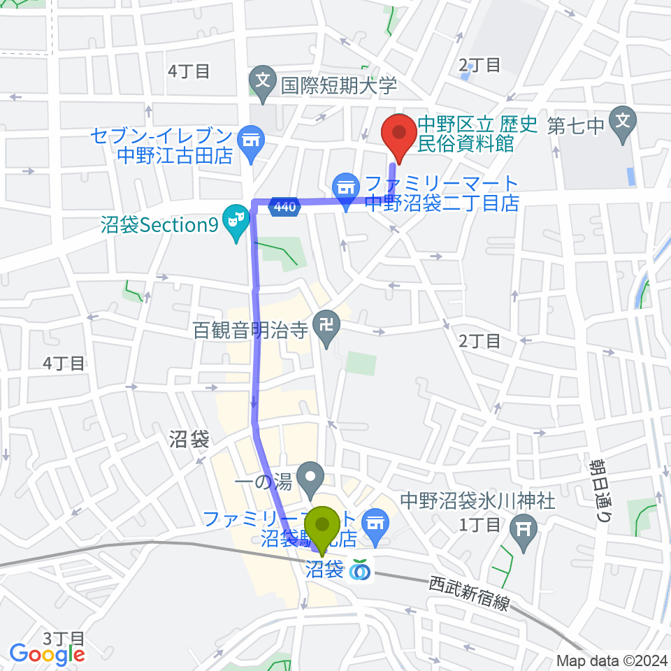 中野区立歴史民俗資料館の最寄駅沼袋駅からの徒歩ルート（約9分）地図