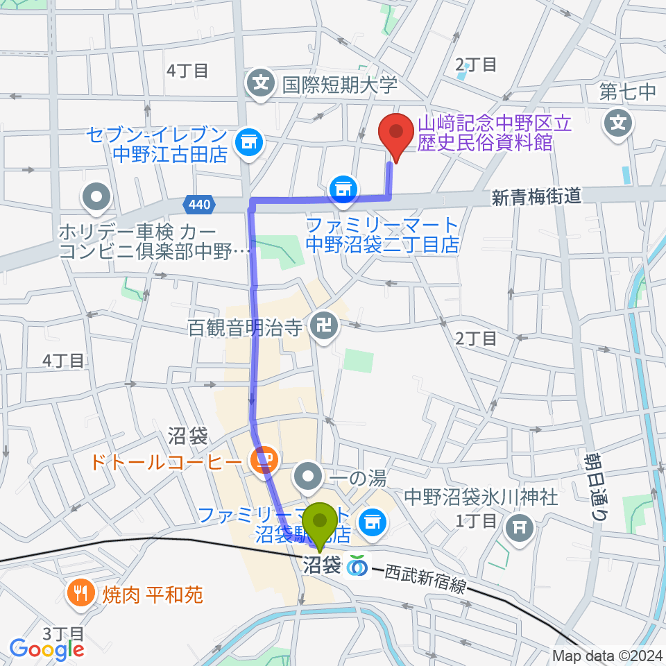 中野区立歴史民俗資料館の最寄駅沼袋駅からの徒歩ルート（約9分）地図