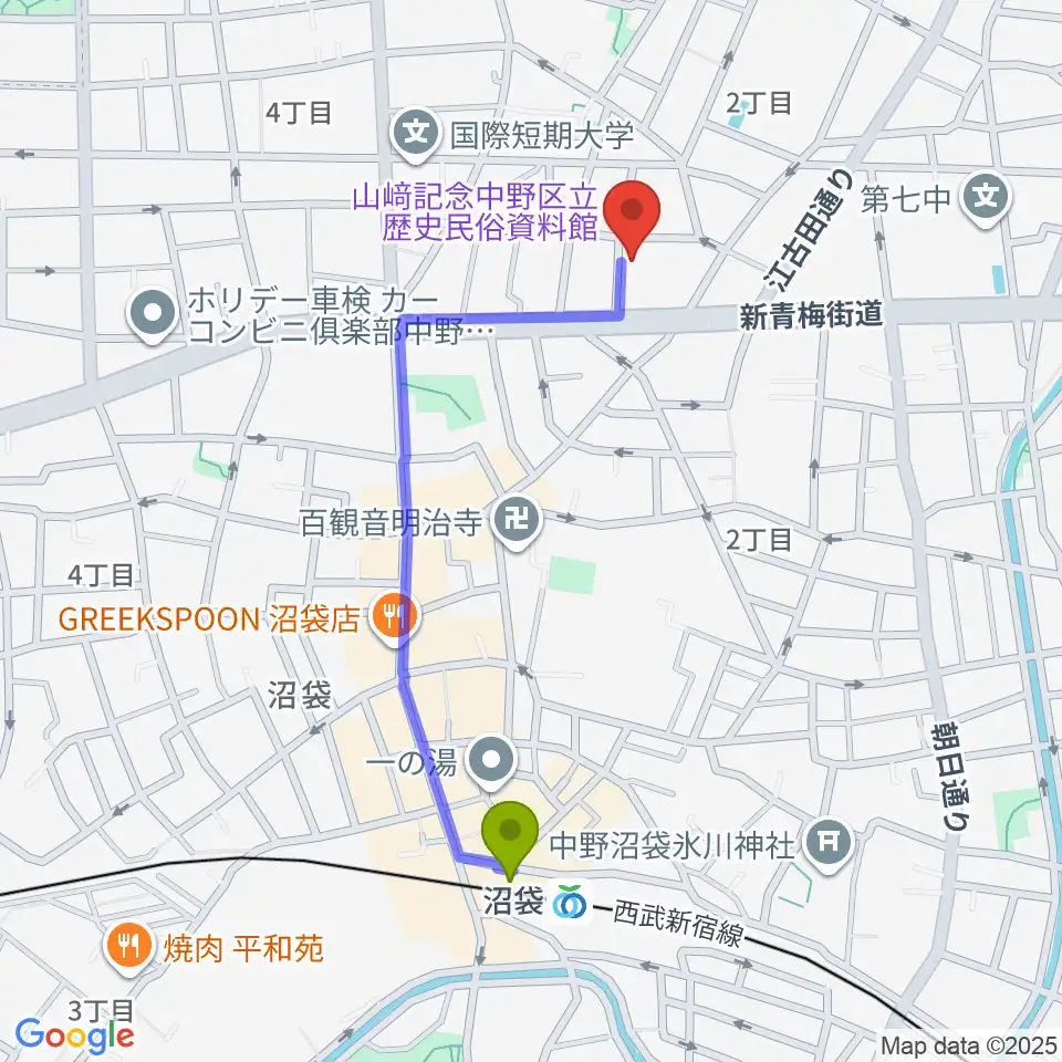 中野区立歴史民俗資料館の最寄駅沼袋駅からの徒歩ルート（約9分）地図
