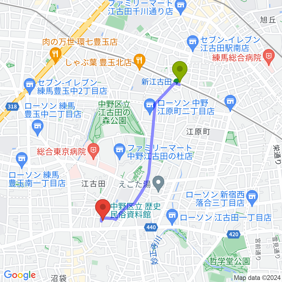新江古田駅から中野区立歴史民俗資料館へのルートマップ地図