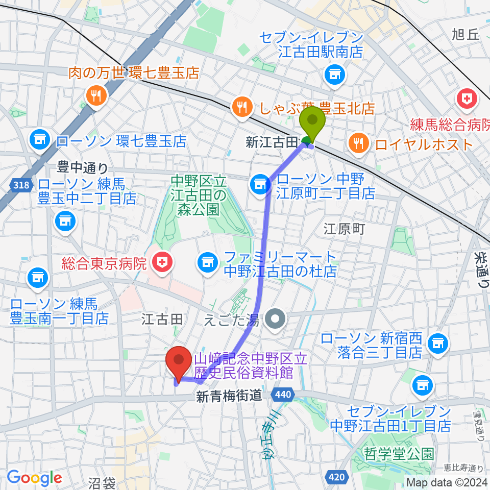 新江古田駅から中野区立歴史民俗資料館へのルートマップ地図