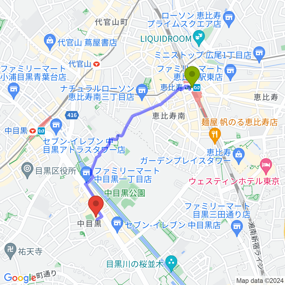 恵比寿駅からめぐろ歴史資料館へのルートマップ地図