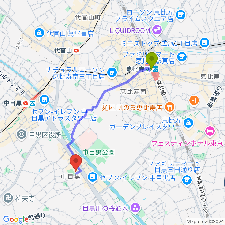 恵比寿駅からめぐろ歴史資料館へのルートマップ地図