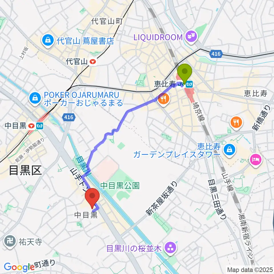 恵比寿駅からめぐろ歴史資料館へのルートマップ地図