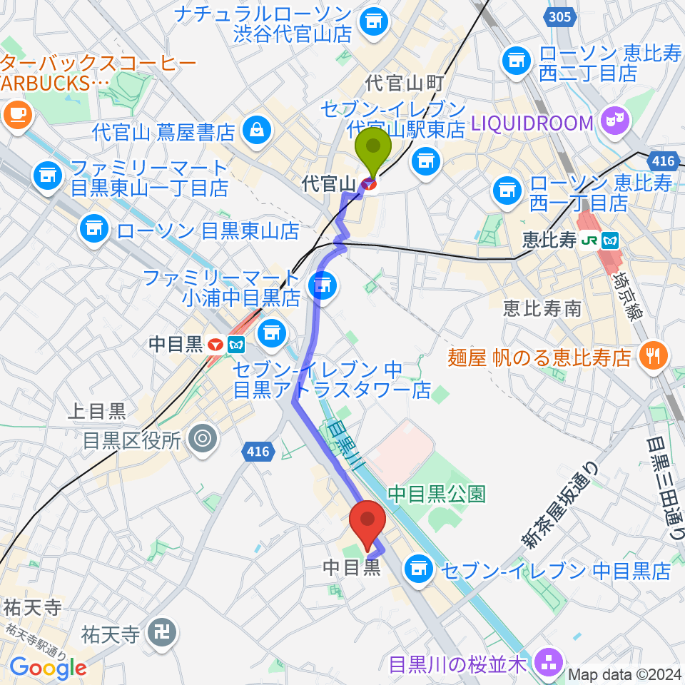 代官山駅からめぐろ歴史資料館へのルートマップ地図