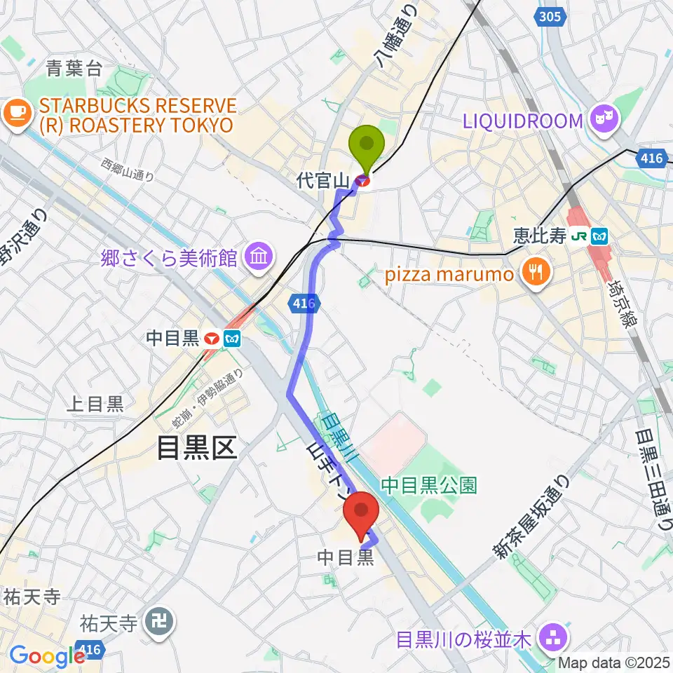 代官山駅からめぐろ歴史資料館へのルートマップ地図