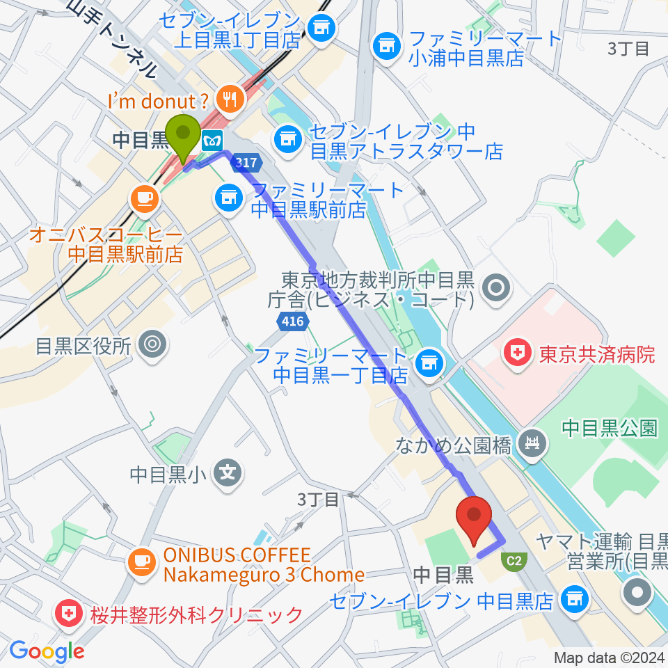 めぐろ歴史資料館の最寄駅中目黒駅からの徒歩ルート（約11分）地図