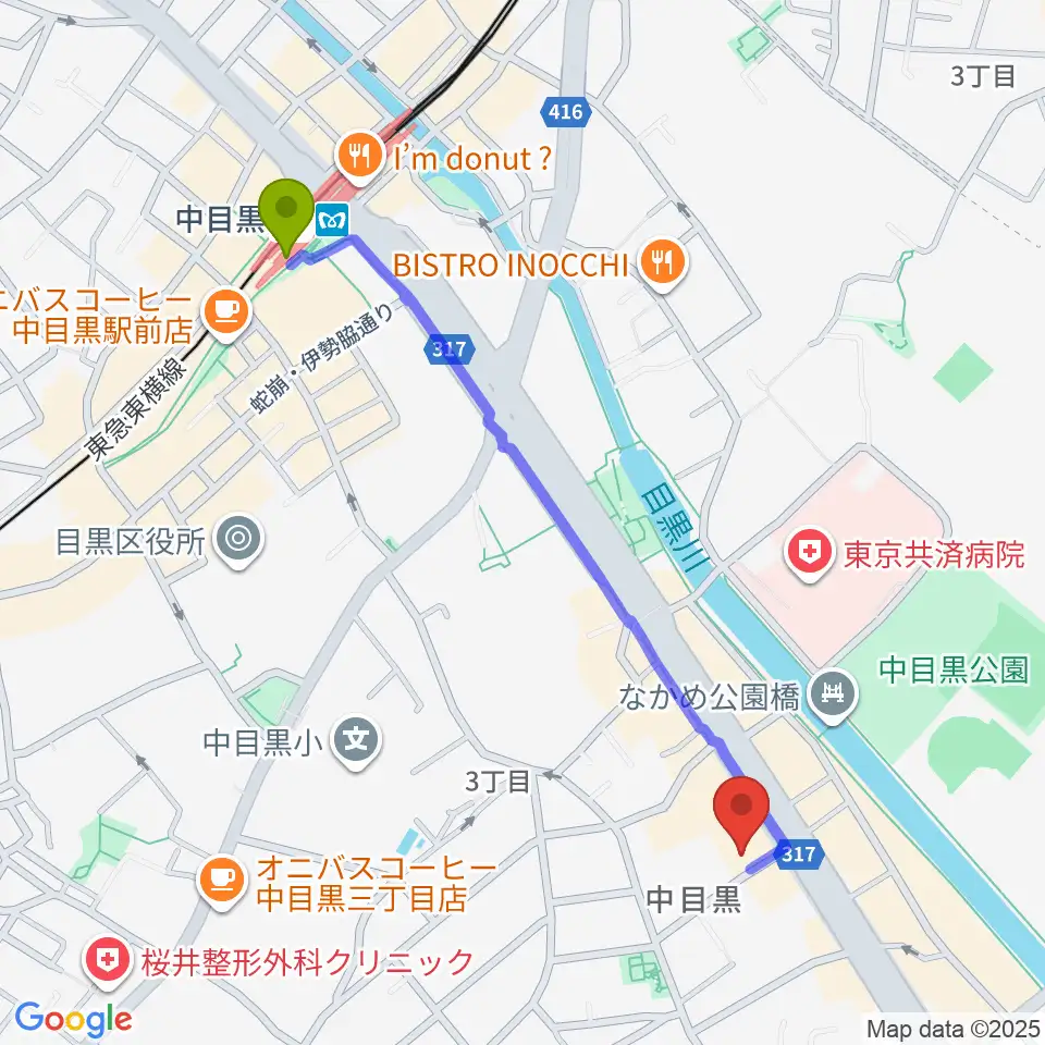 めぐろ歴史資料館の最寄駅中目黒駅からの徒歩ルート（約11分）地図