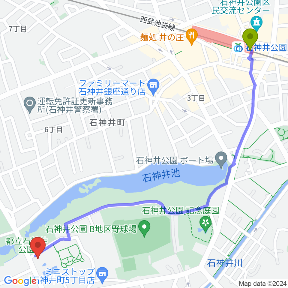 石神井公園ふるさと文化館の最寄駅石神井公園駅からの徒歩ルート（約16分）地図