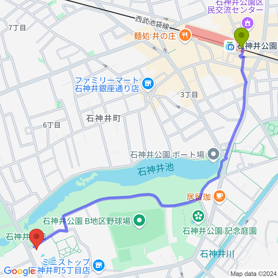 石神井公園ふるさと文化館の最寄駅石神井公園駅からの徒歩ルート（約16分）地図