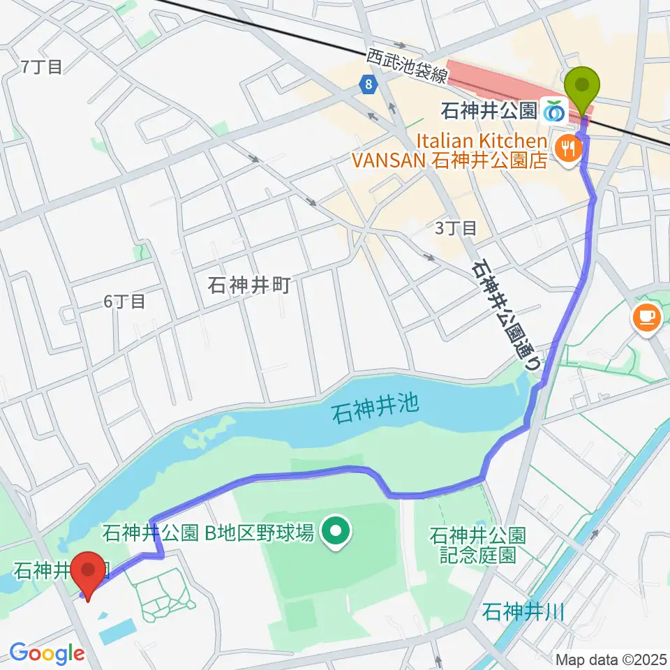 石神井公園ふるさと文化館の最寄駅石神井公園駅からの徒歩ルート（約16分）地図