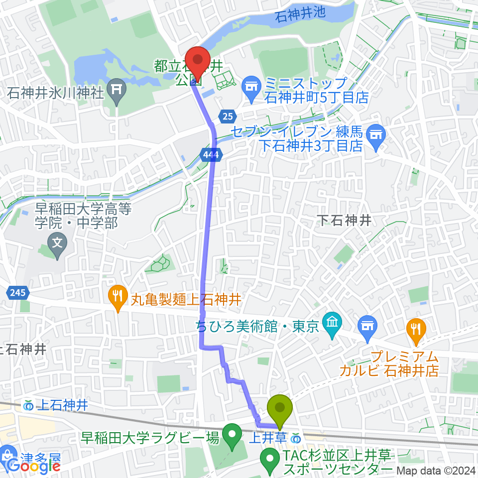 上井草駅から石神井公園ふるさと文化館へのルートマップ地図