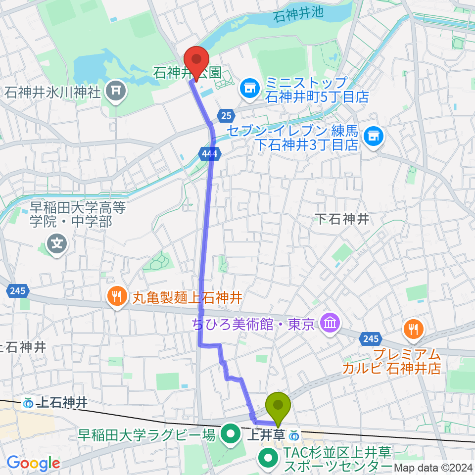 上井草駅から石神井公園ふるさと文化館へのルートマップ地図