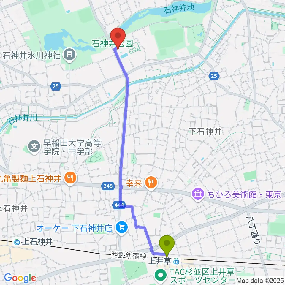 上井草駅から石神井公園ふるさと文化館へのルートマップ地図
