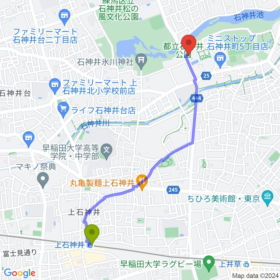 上石神井駅から石神井公園ふるさと文化館へのルートマップ地図