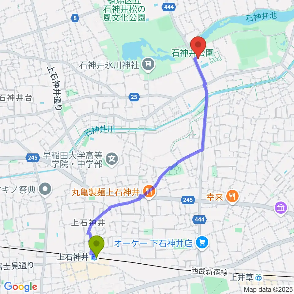 上石神井駅から石神井公園ふるさと文化館へのルートマップ地図